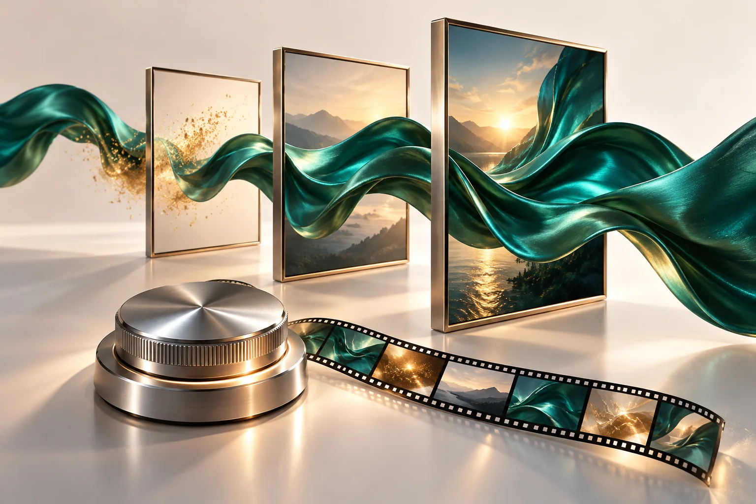 Composition conceptuelle de motion design avec ruban vert et cadres vidéo