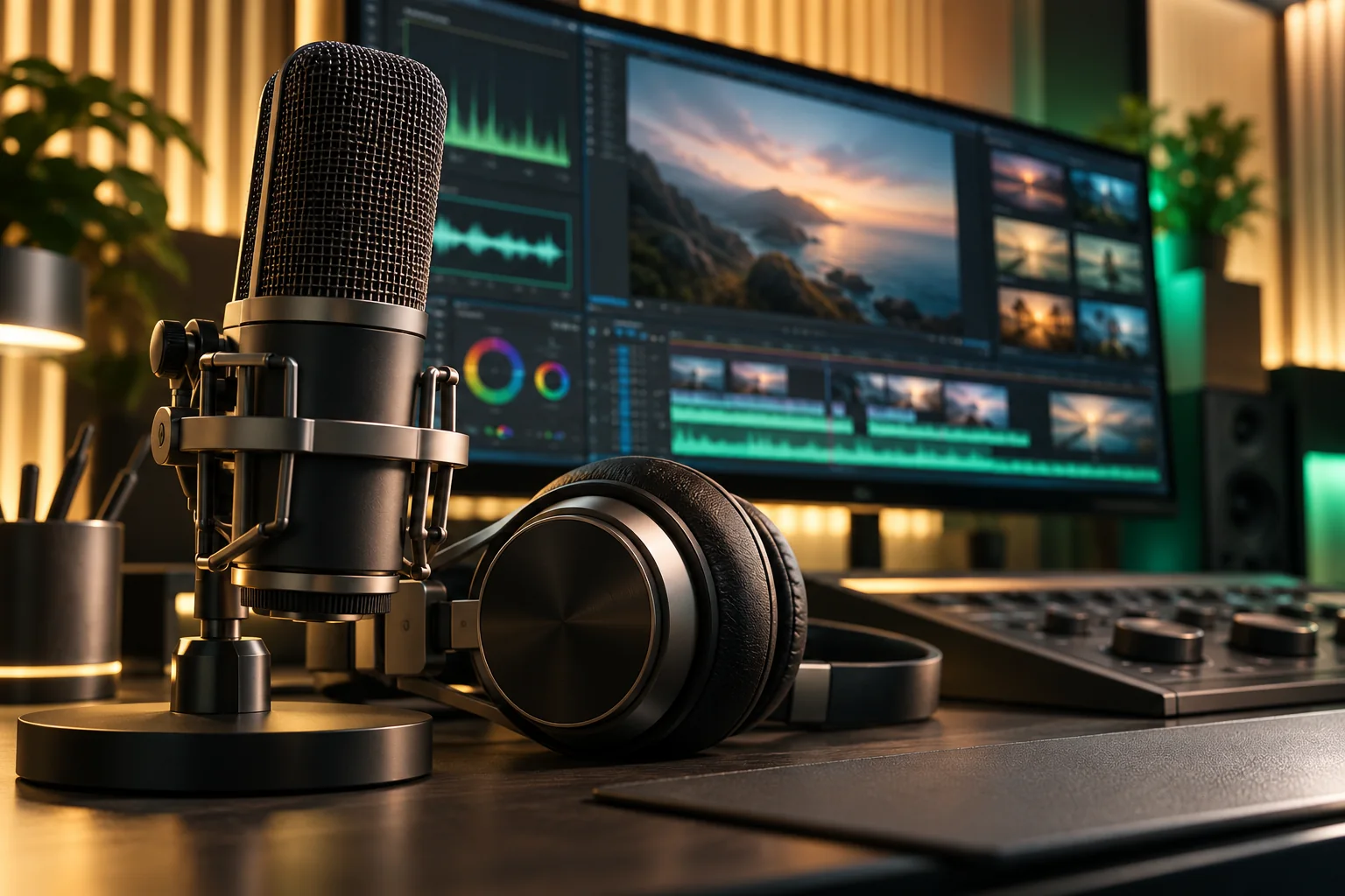 Escena conceptual de posproducción con micrófono, auriculares y pantalla de edición