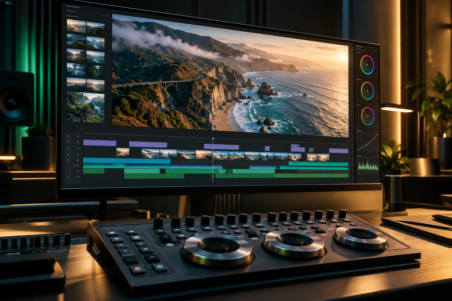 Konpozisyon konseptyèl yon estasyon montaj videyo ak monitè ak kontwòl koulè