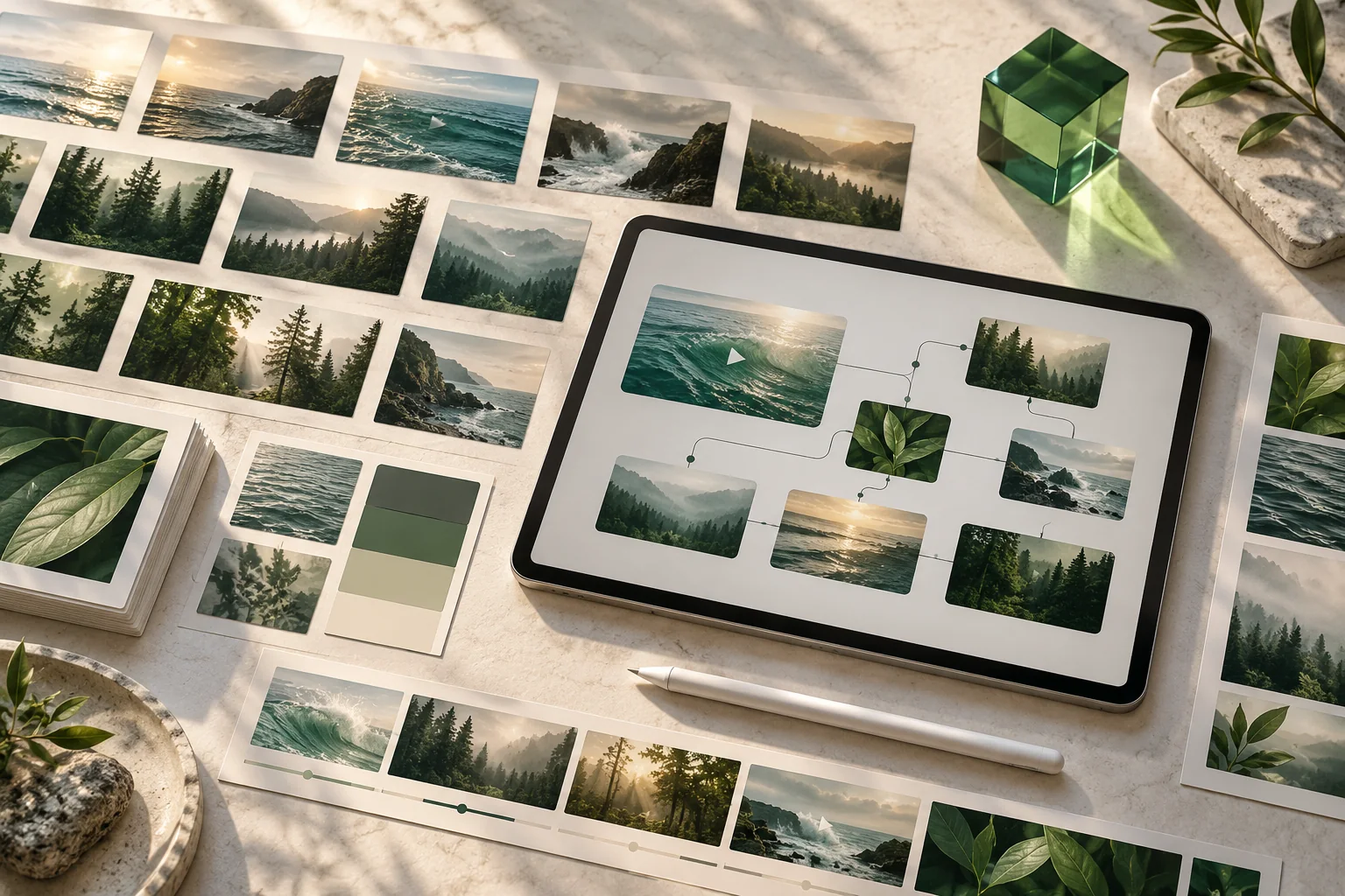 Conceptual storyboard and tablet layout for a video production workflow